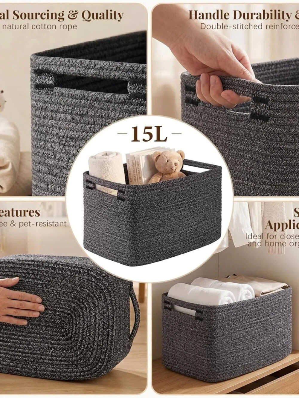 New 4Packs Natural Cotton Rope Storage Baskets for Organizing Toys, Clothes, Tow